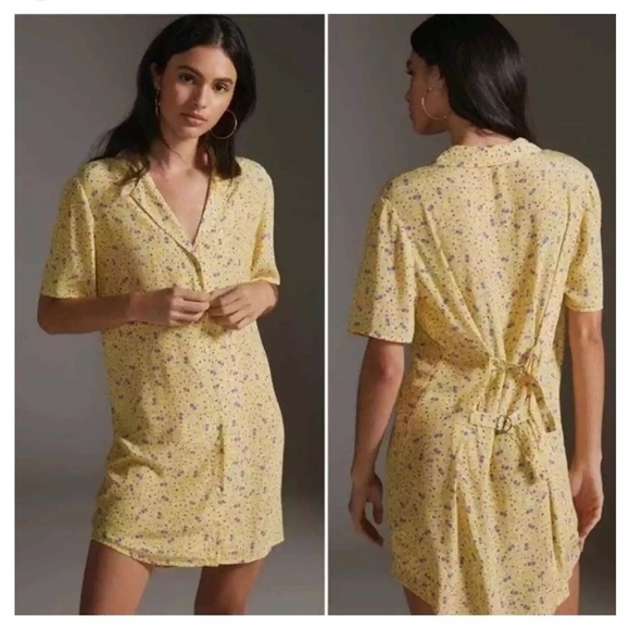 Anthropologie Favorite Daughter Butter Yellow Floral Button Front Shirt Dress - Picture 1 of 4